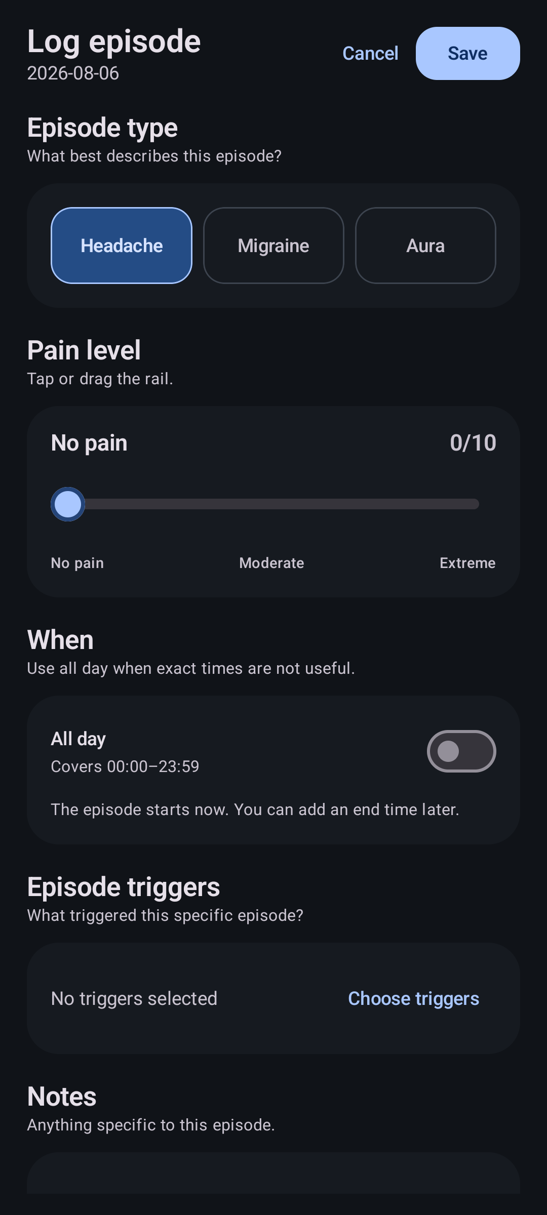 Headmon episode logging screen on Android with fictional information