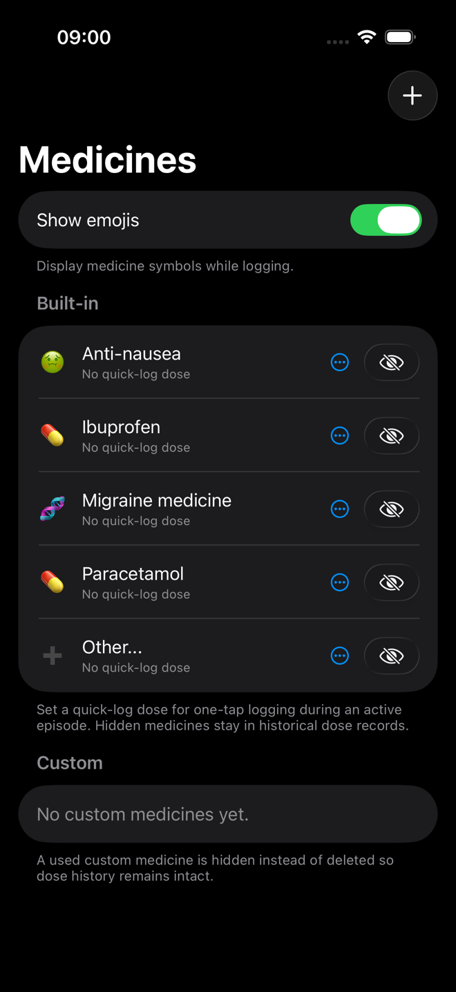 Headmon medicine catalog on iOS with built-in medicine symbols