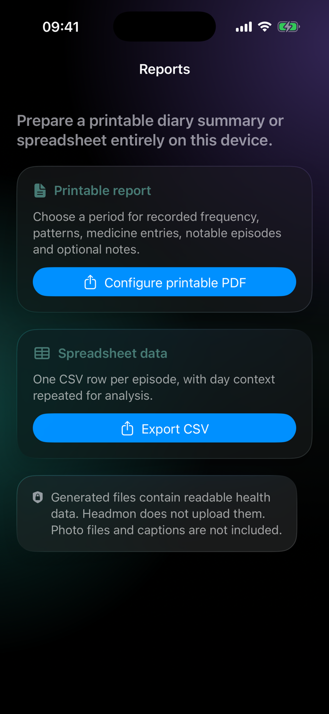 Rapport- og CSV-valg i Headmon på iOS