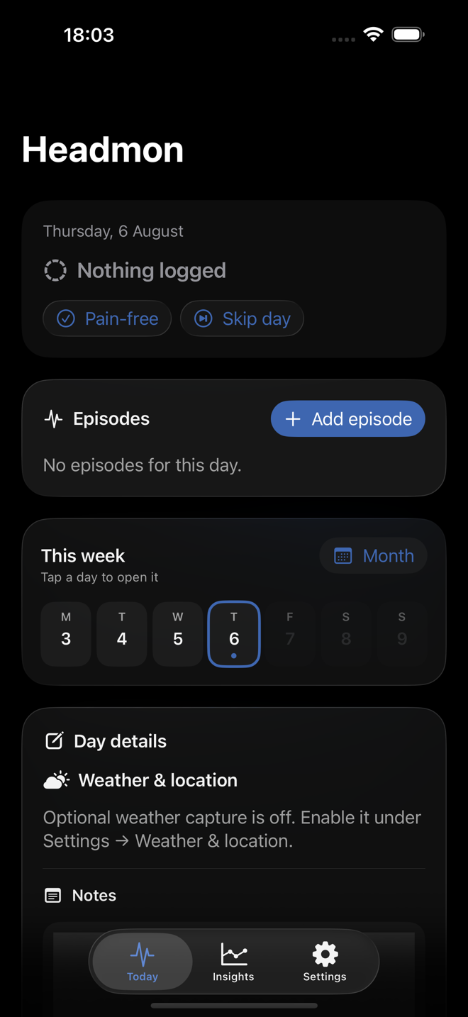 Headmon Today screen on iOS with quick day actions, episode logging and a week calendar
